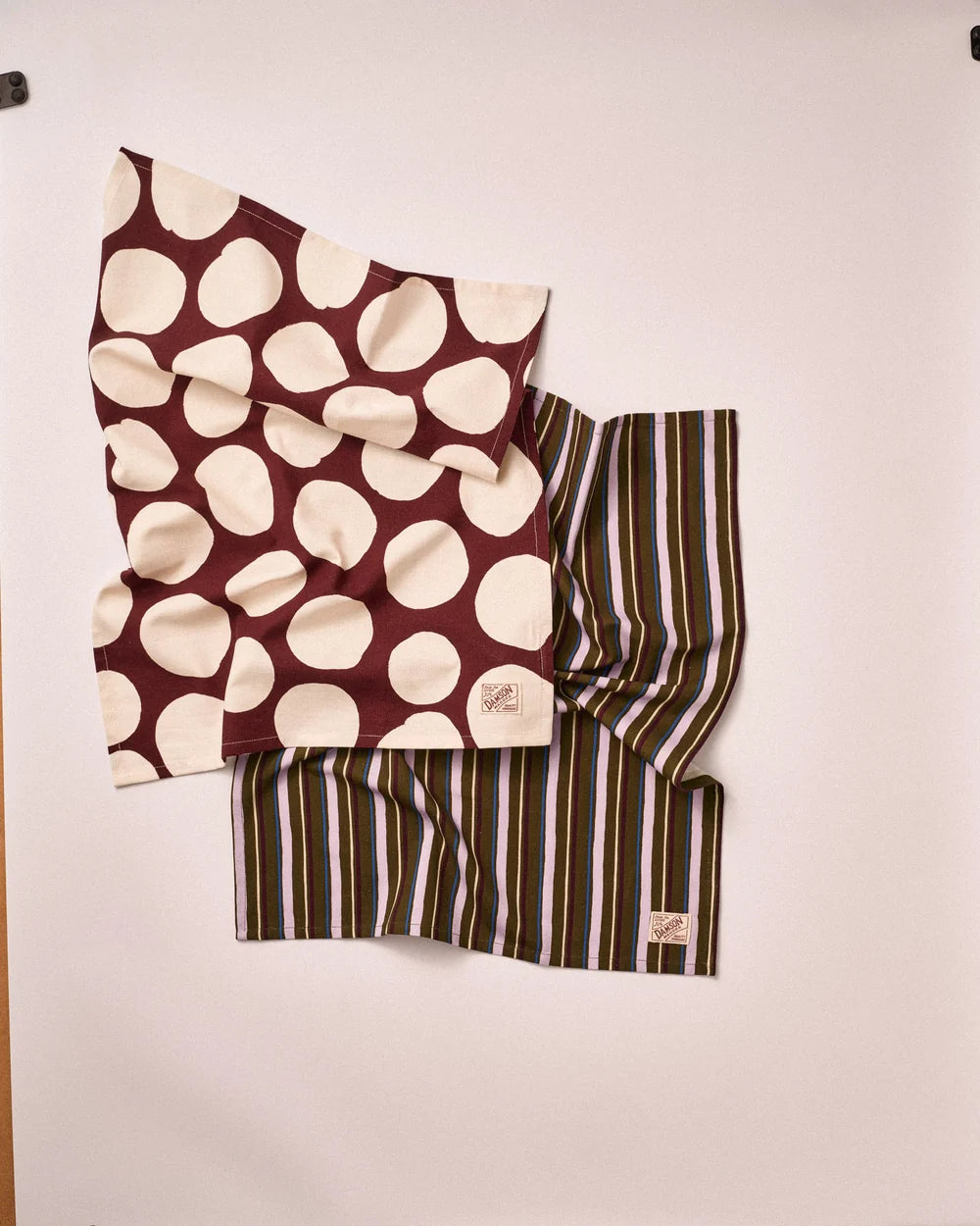 Damson Madder - Set of 2 Tea Towels, Burg Spot/Green Stripe
