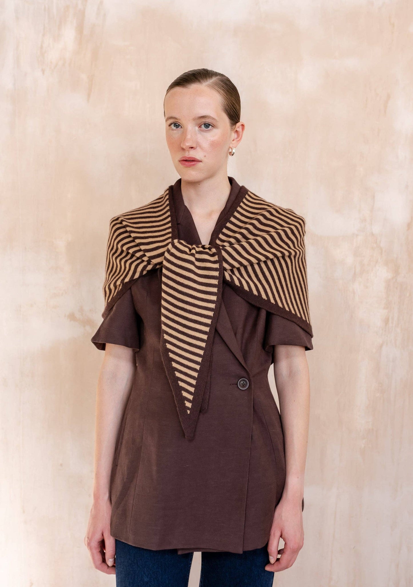 TBCo - Large Merino Wool Triangle Scarf in Camel & Brown Stripe