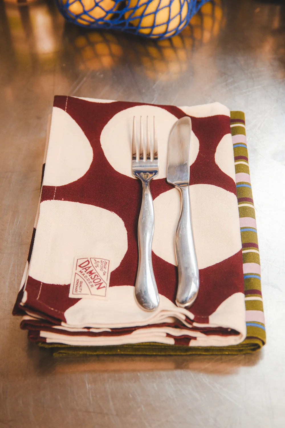 Damson Madder - Set of 2 Tea Towels, Burg Spot/Green Stripe