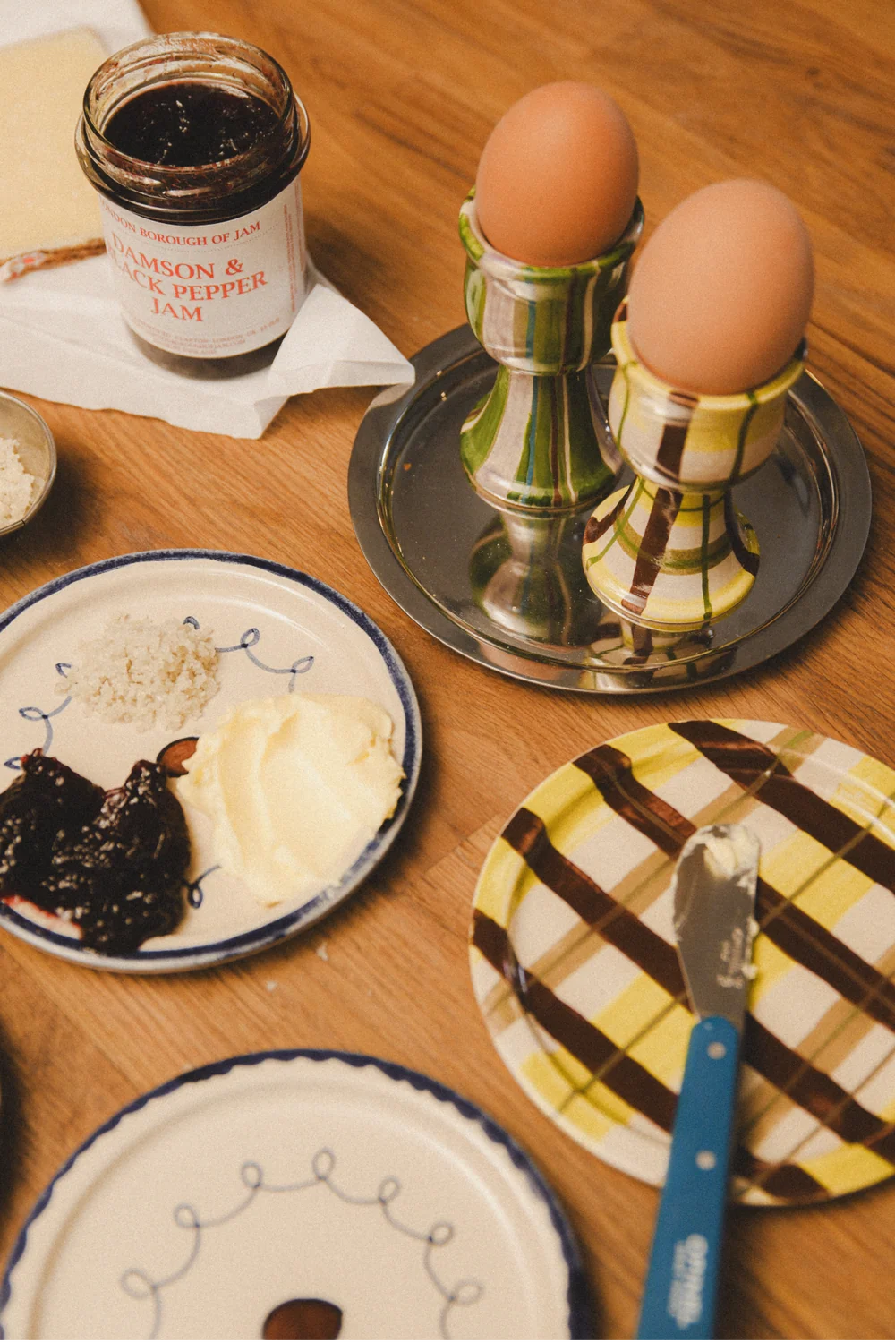 Damson Madder - Egg Cups, Chartreuse Check/Olive Stripe