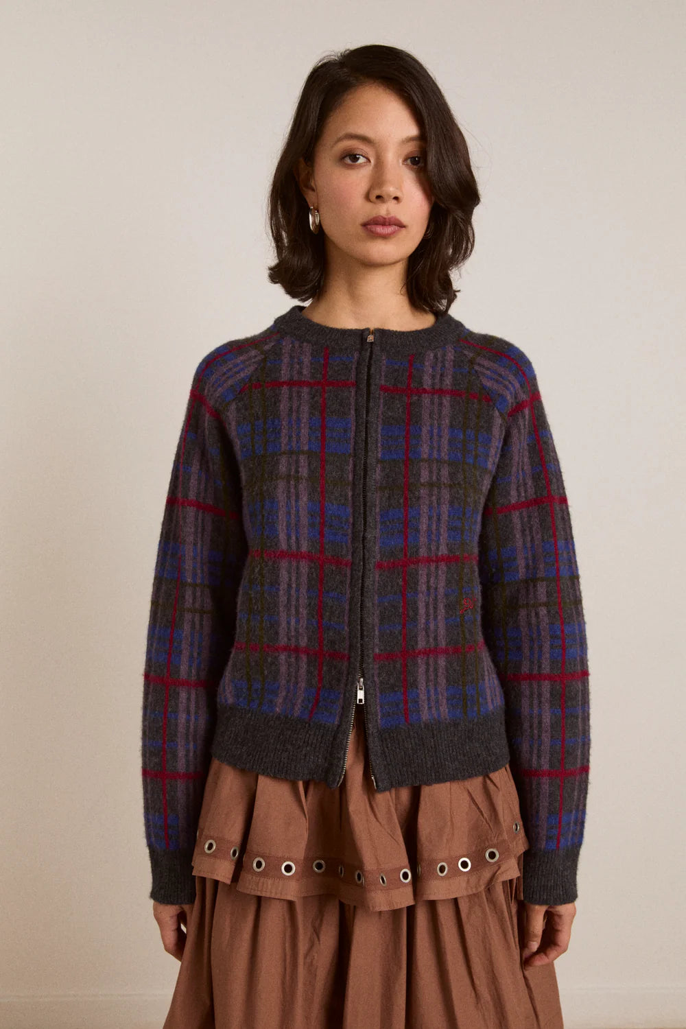 Damson Madder - Minah Merino Wool Cardigan, Brushed Check