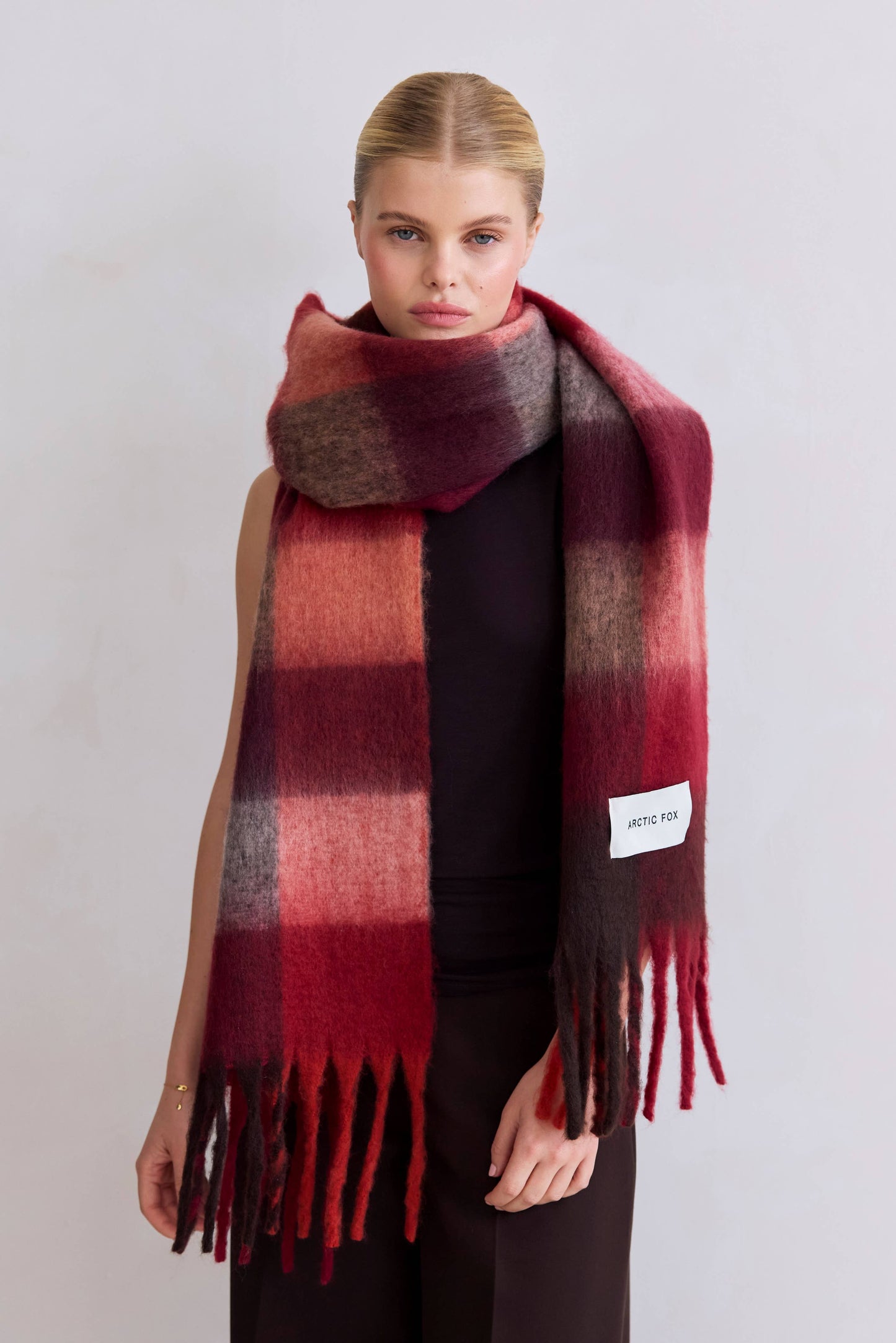 Arctic Fox & Co - The Reykjavik Scarf - 100% Recycled - Burgundy check - AW25