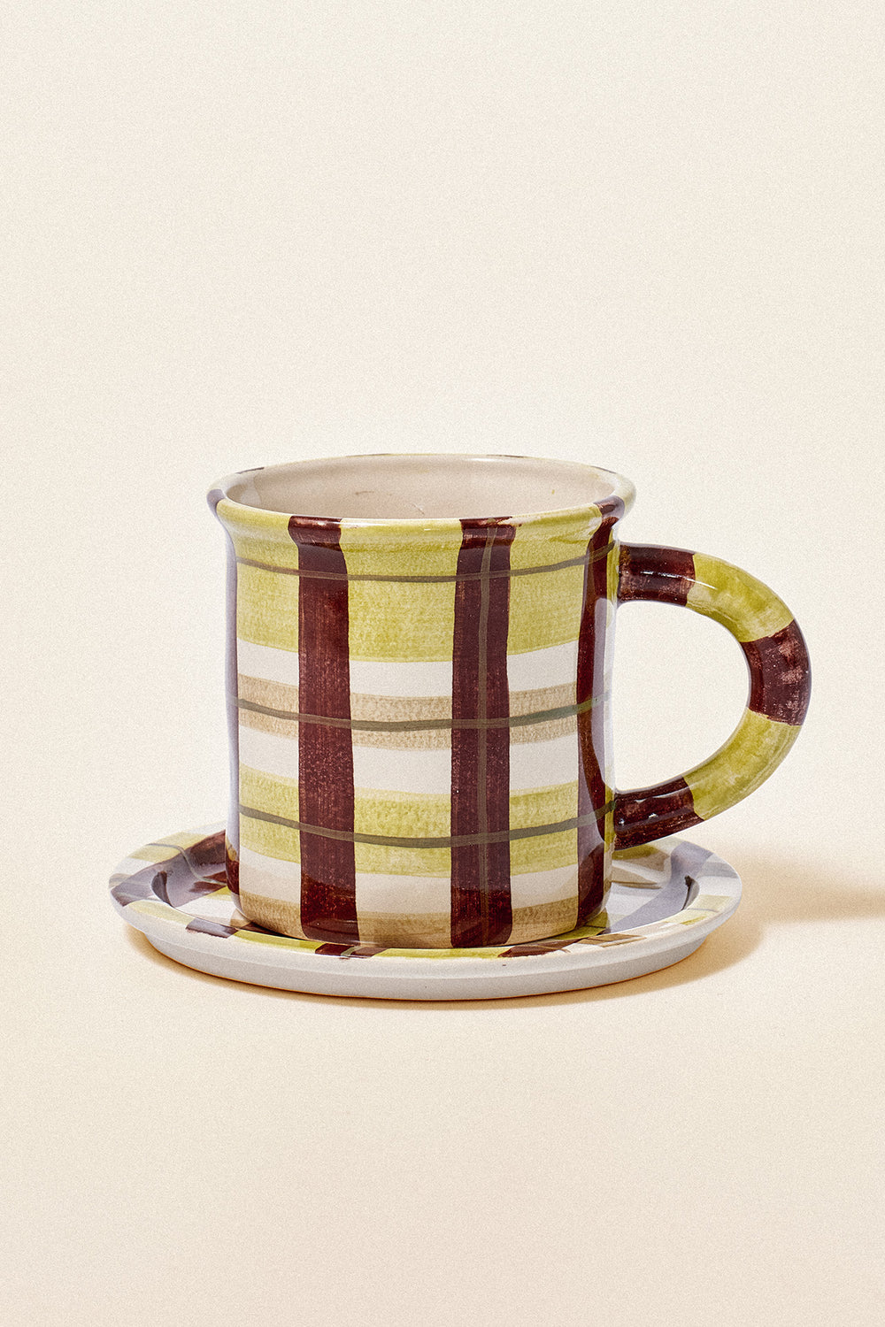 Damson Madder - Ceramic Camping Mug, Chartreuse Check