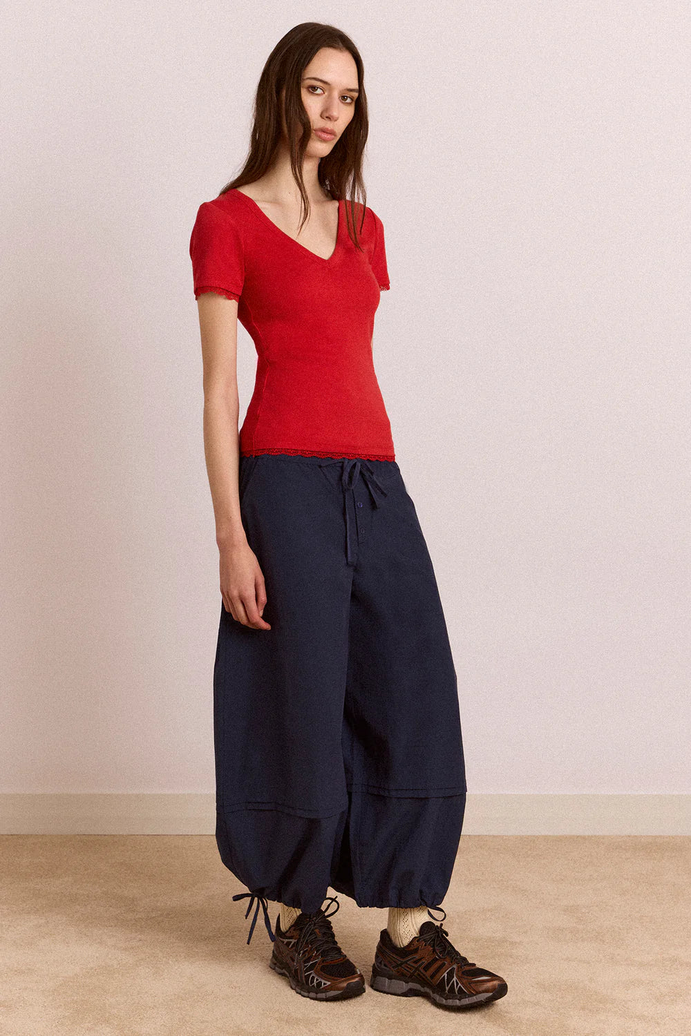 Damson Madder - Paige V-Neck Tee, Red