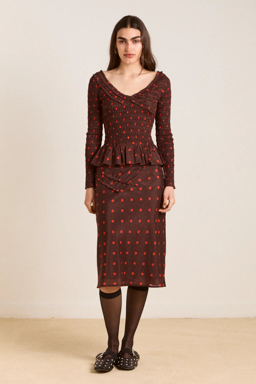Damson Madder Suri Shirred Sheer Blouse - Burgundy Spot