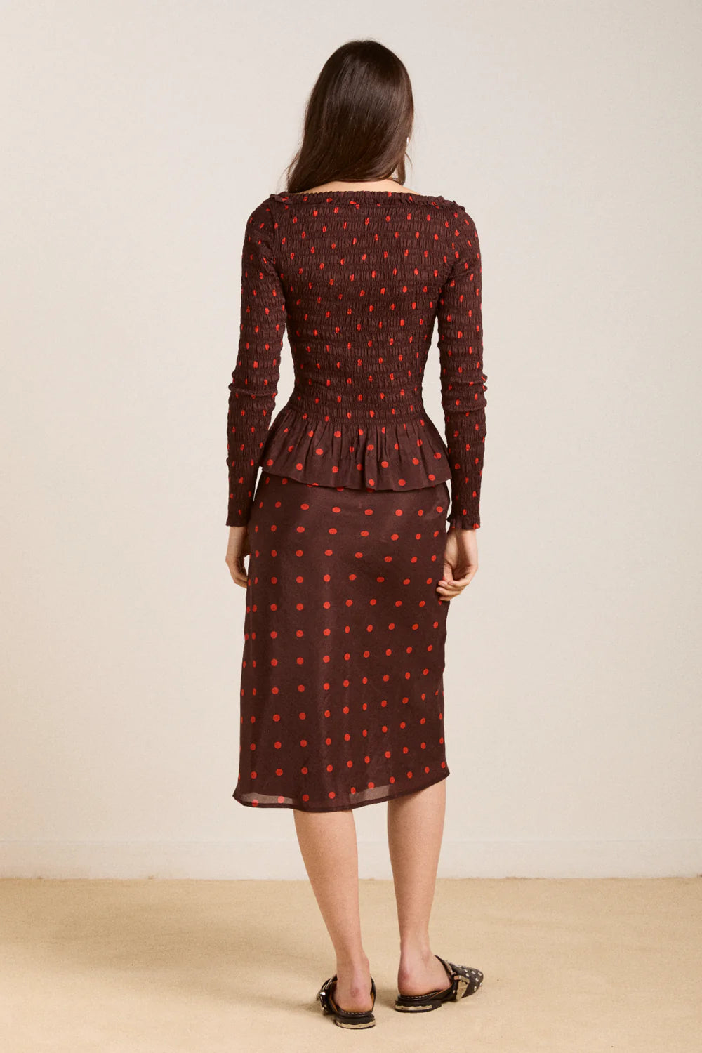 Damson Madder Suri Shirred Sheer Blouse - Burgundy Spot
