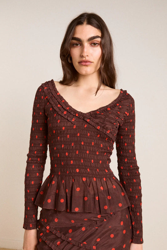 Damson Madder Suri Shirred Sheer Blouse - Burgundy Spot