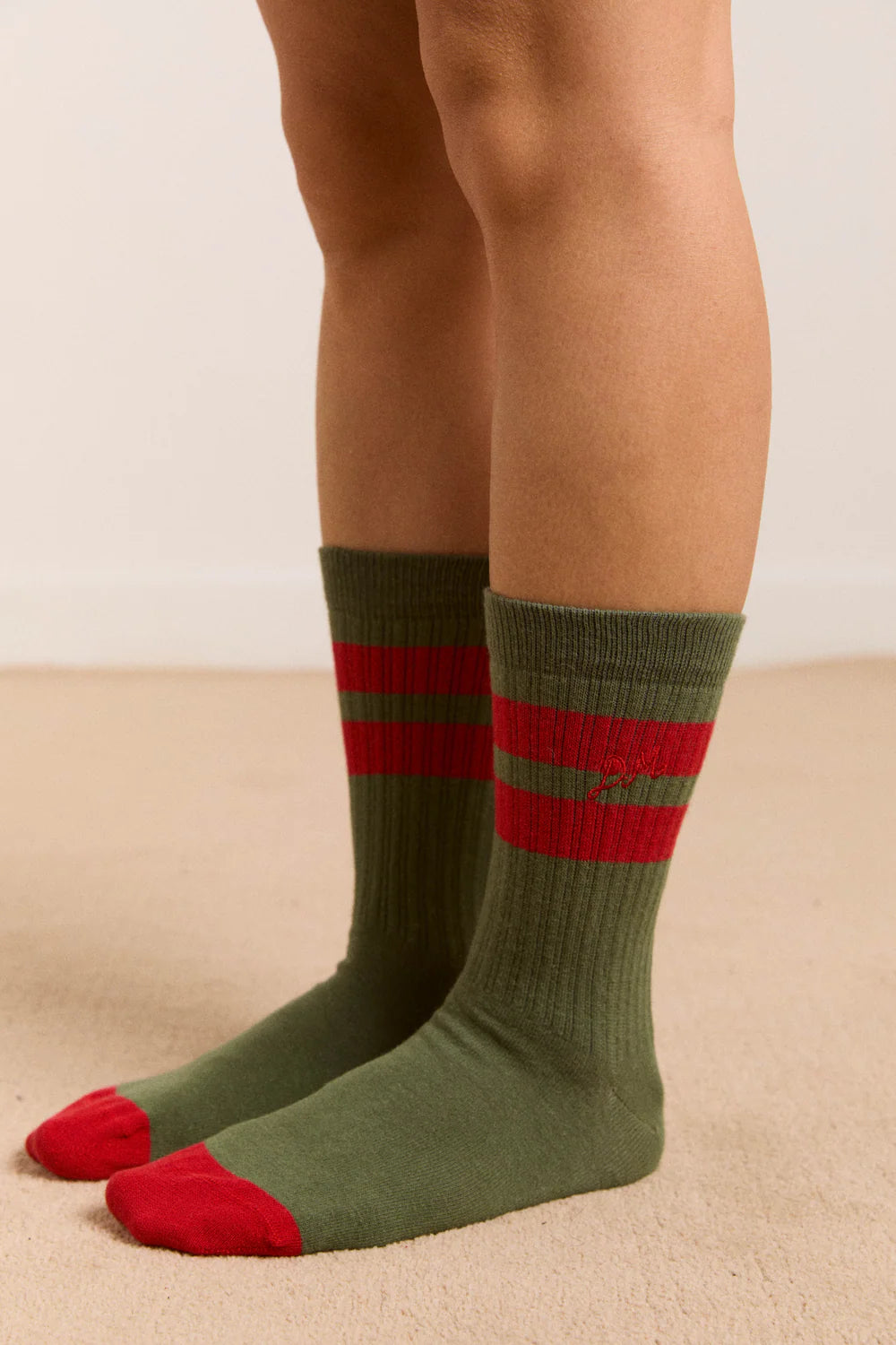 Damson Madder - Sporty Calf Length Socks, Olive/Red Stripe
