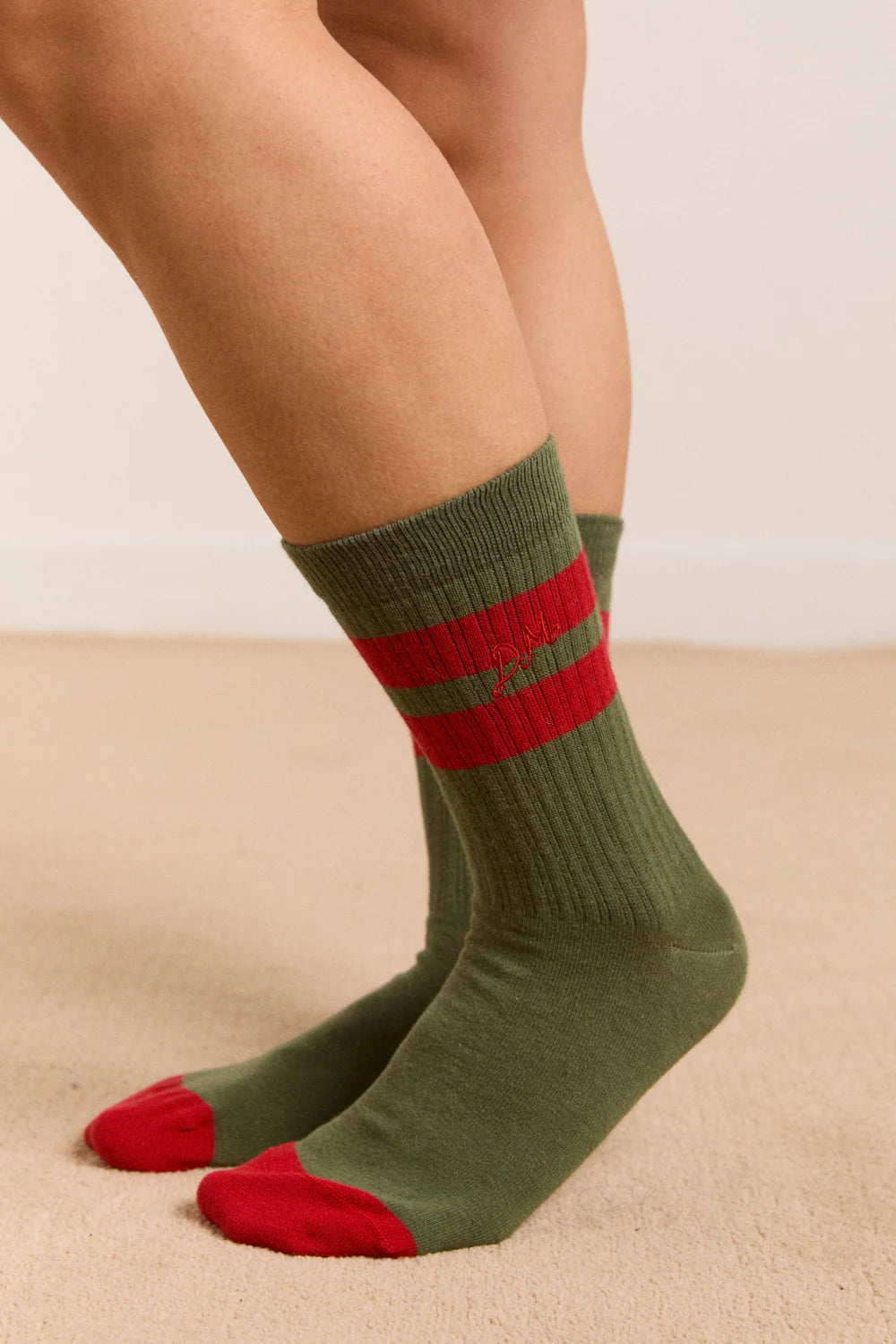 Damson Madder - Sporty Calf Length Socks, Olive/Red Stripe