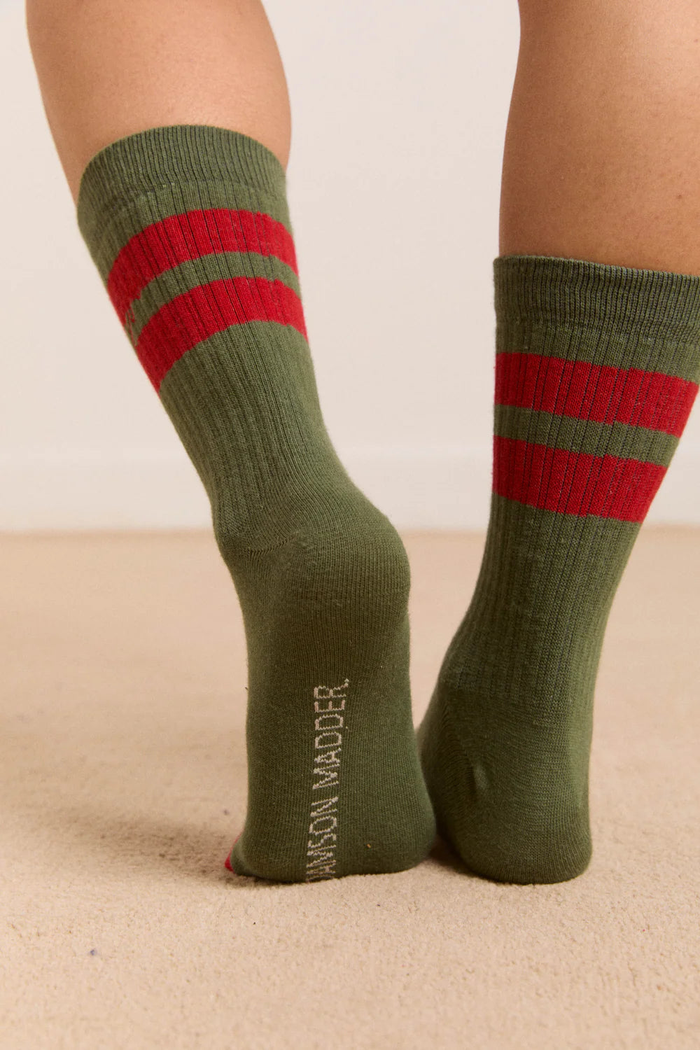 Damson Madder - Sporty Calf Length Socks, Olive/Red Stripe