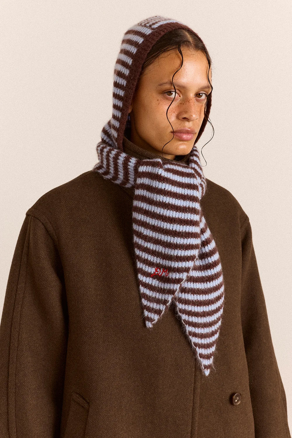 Damson Madder - Tie Front Hood, Blue and Choc Stripe