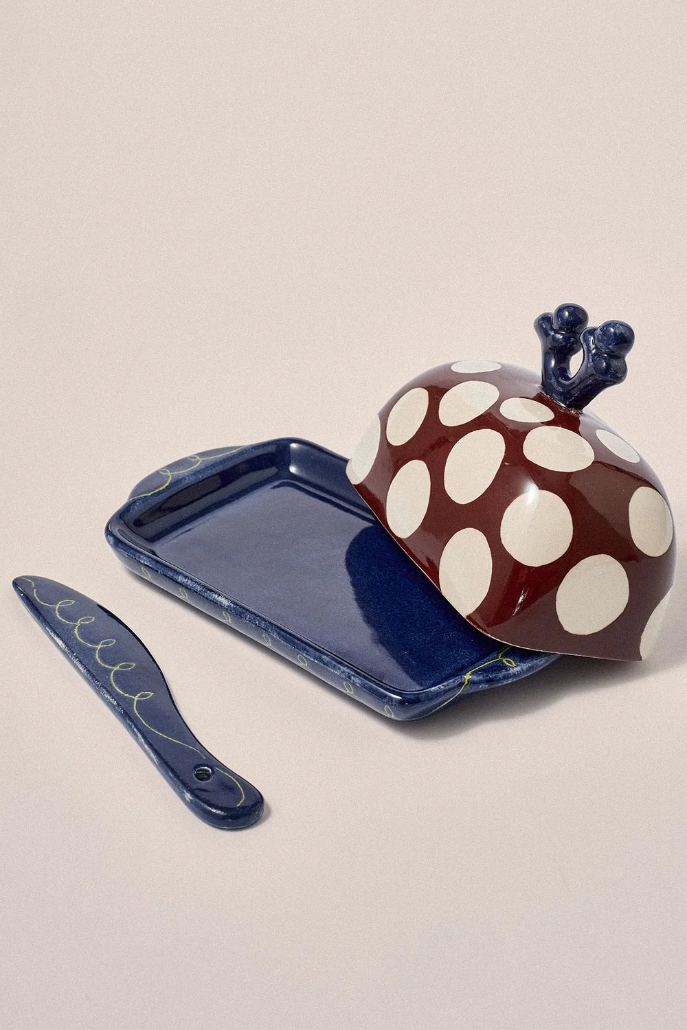 Damson Madder - Hand Painted Butter Dish and Knife, Large Spot/Green Swirl