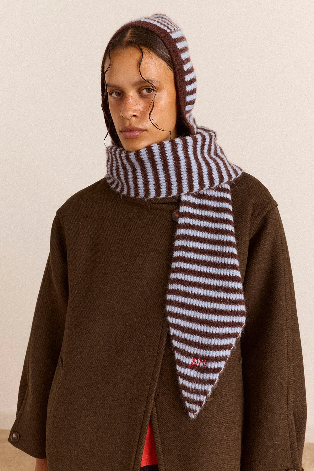 Damson Madder - Tie Front Hood, Blue and Choc Stripe