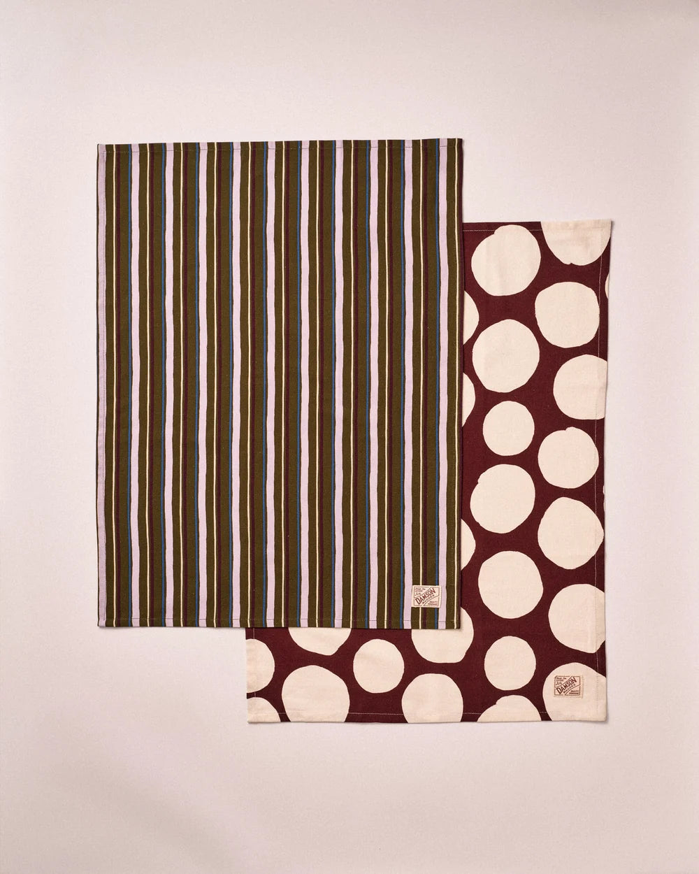 Damson Madder - Set of 2 Tea Towels, Burg Spot/Green Stripe