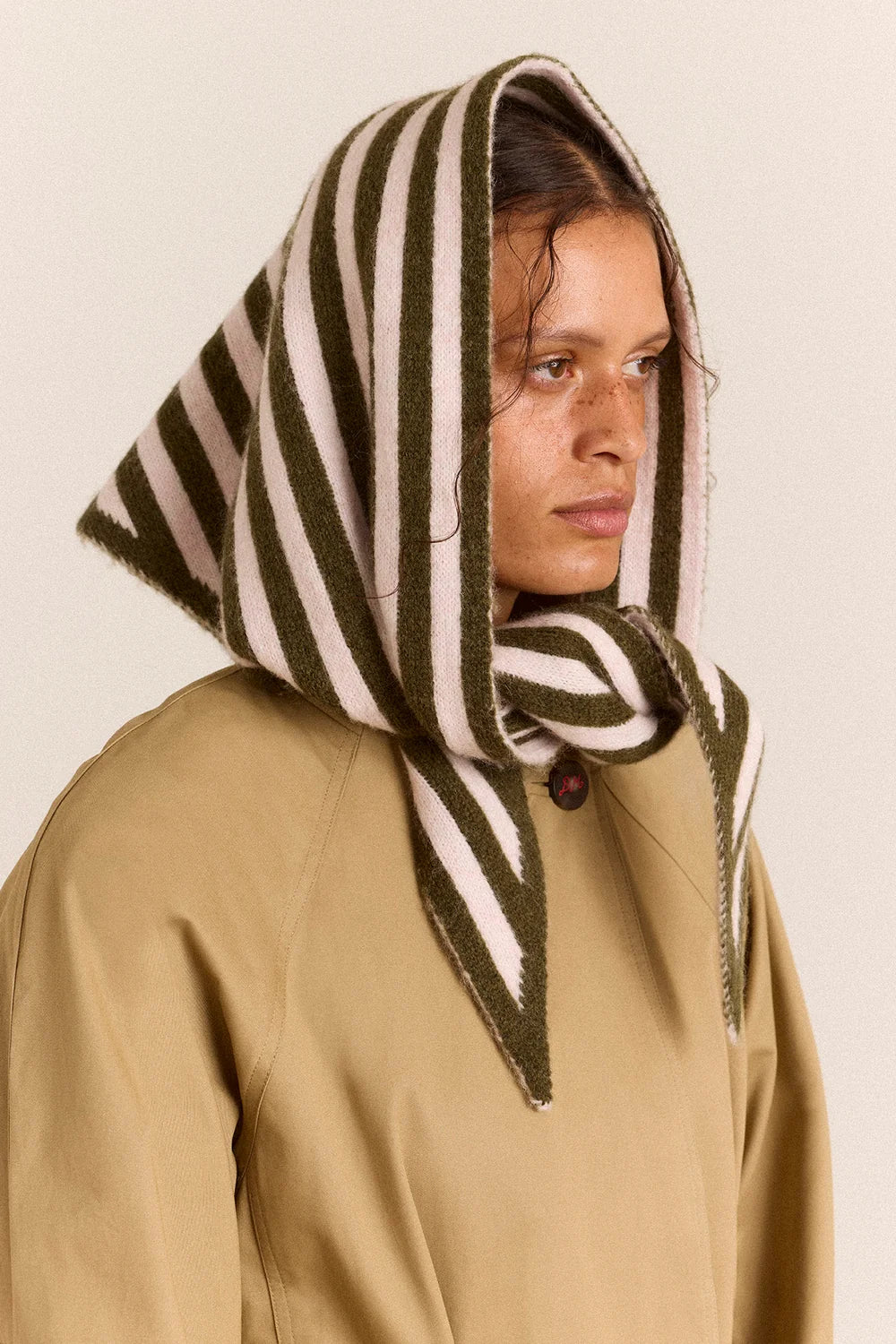 Damson Madder - Triangle Scarf, Olive and Pink Stripe