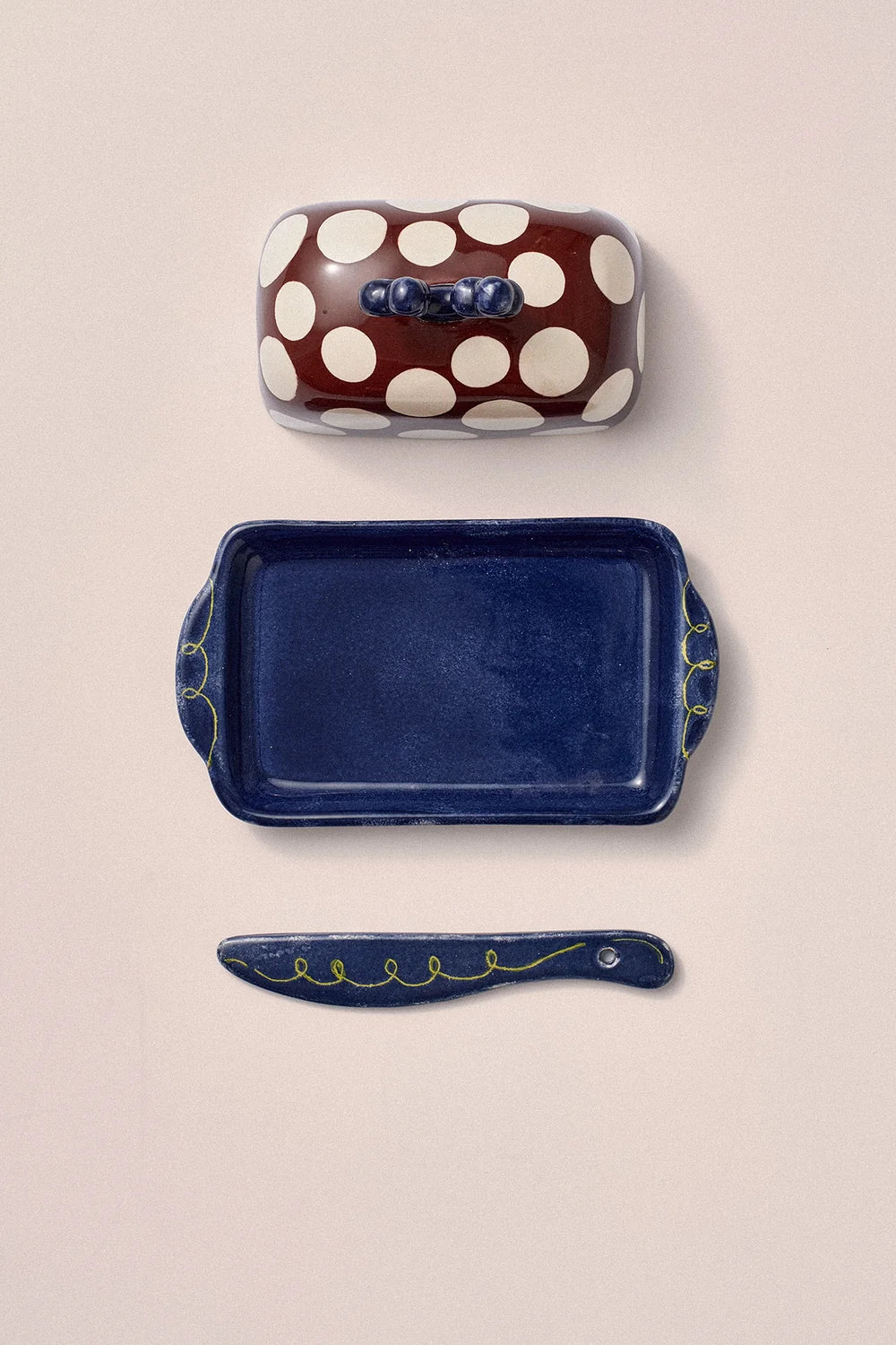 Damson Madder - Hand Painted Butter Dish and Knife, Large Spot/Green Swirl