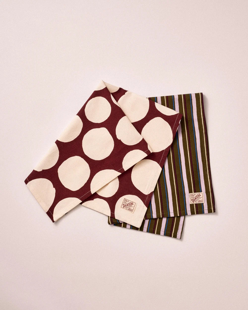 Damson Madder - Set of 2 Tea Towels, Burg Spot/Green Stripe