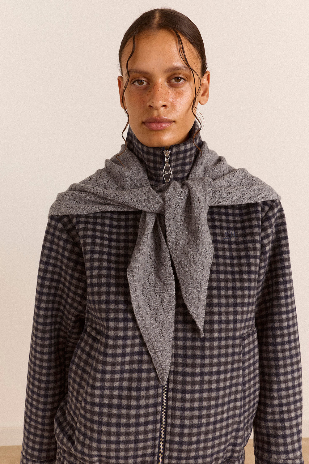 Damson Madder - Lightweight Wool Pointelle Triangle Scarf, Grey Marl