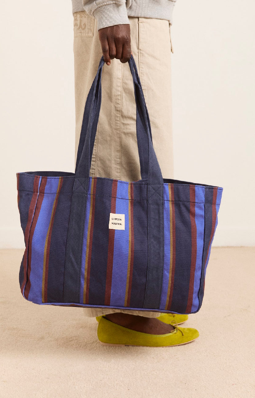 Damson Madder - Large Canvas Tote, Navy Tan Wide Strap