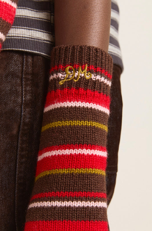 Damson Madder - Fingerless Mittens/Gloves, Choc Multi Stripe