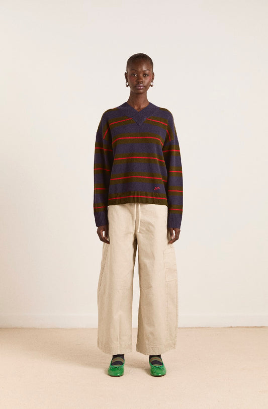 Damson Madder - Odette V-Neck Jumper, Olive/Navy Stripe