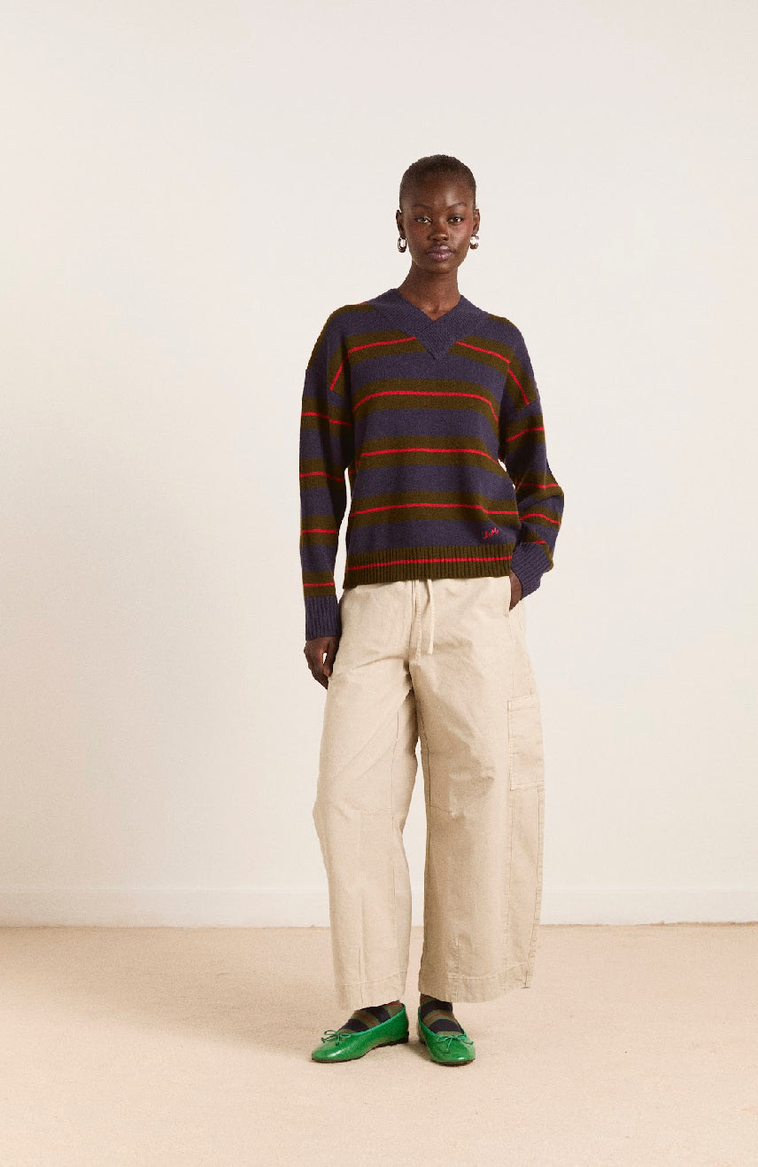 Damson Madder - Odette V-Neck Jumper, Olive/Navy Stripe
