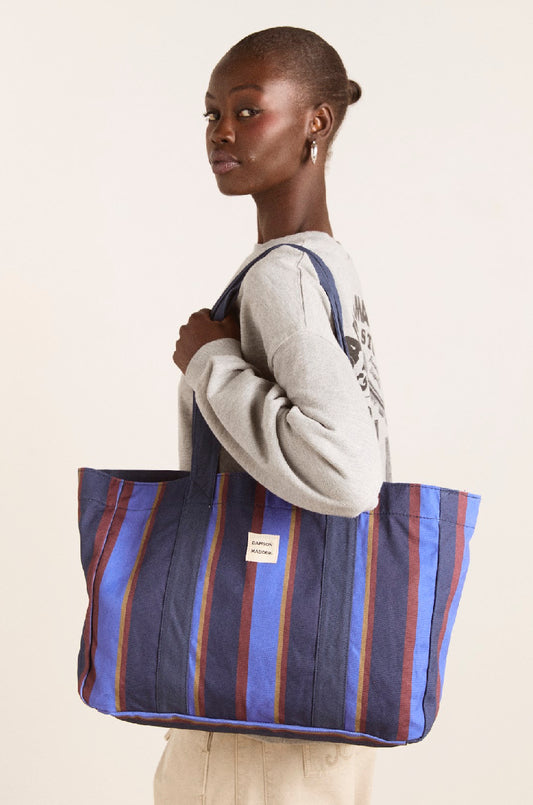Damson Madder - Large Canvas Tote, Navy Tan Wide Strap