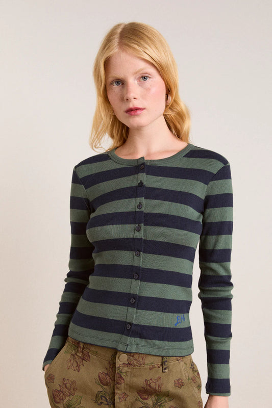 Damson Madder - Sybil Stripe Crew Cardigan, Green/Navy Stripe
