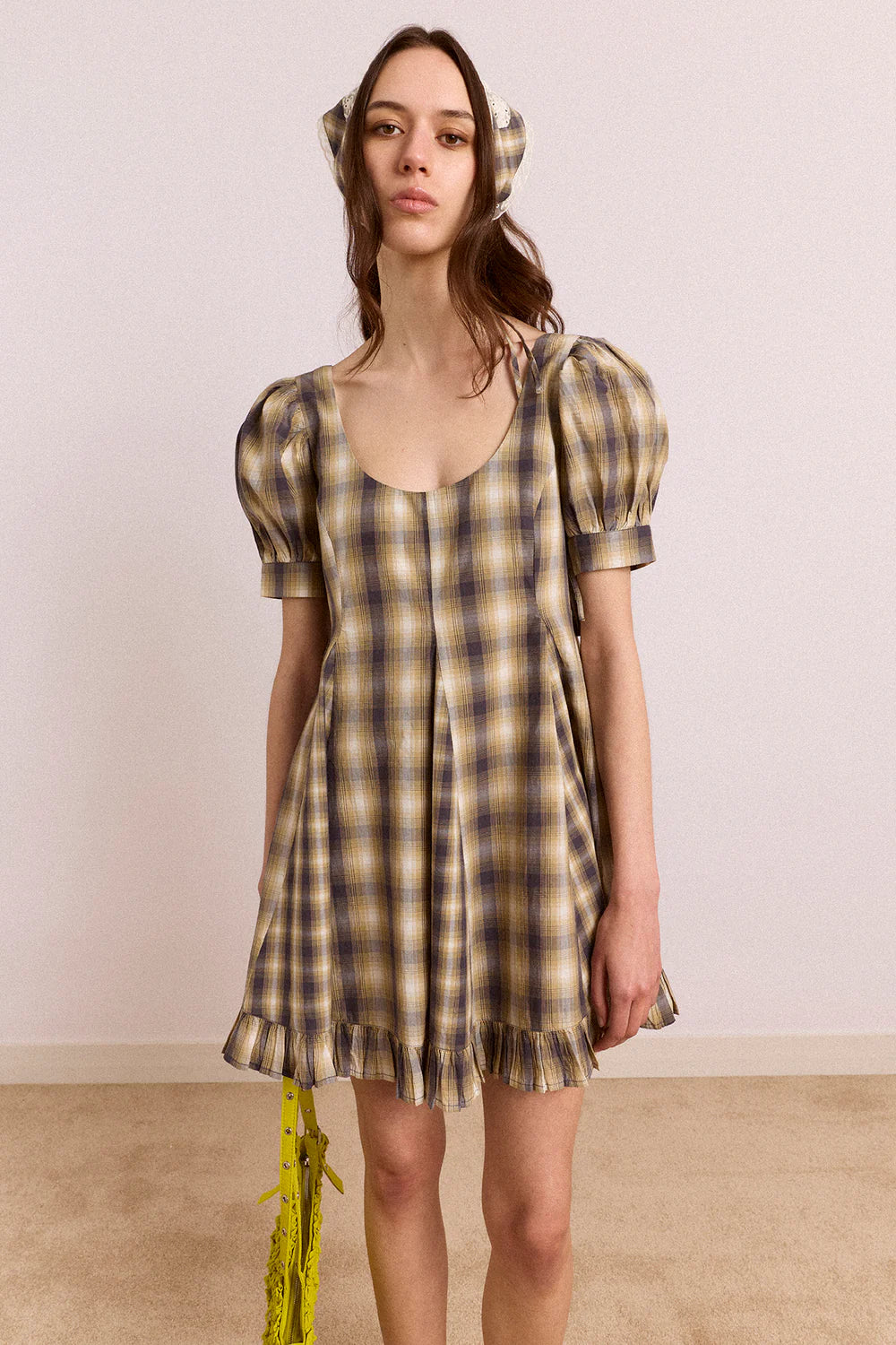 Damson Madder - Sabina Mini Godet Dress, Cardamon Mix Check