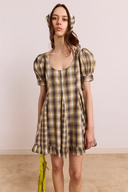 Damson Madder - Sabina Mini Godet Dress, Cardamon Mix Check