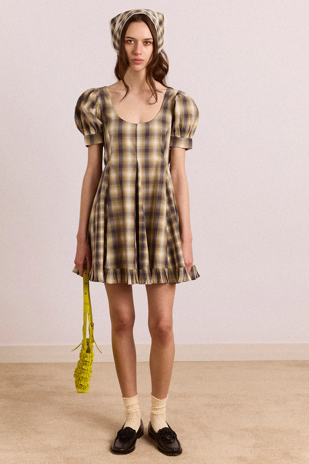 Damson Madder - Sabina Mini Godet Dress, Cardamon Mix Check