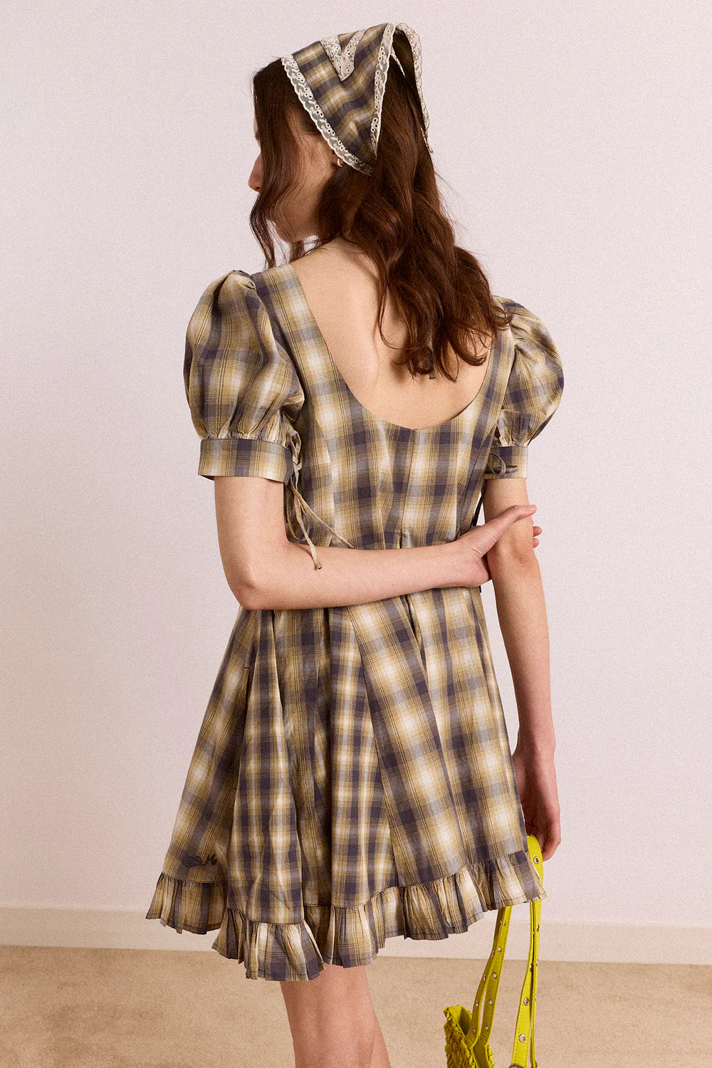 Damson Madder - Sabina Mini Godet Dress, Cardamon Mix Check