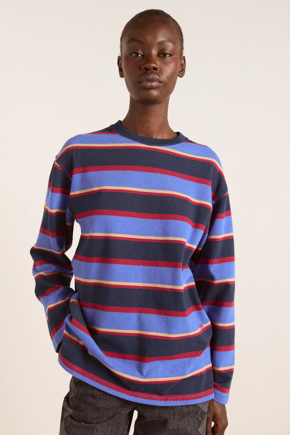 Damson Madder - Ali Long Sleeve Tee, Navy Tan Burgundy Stripe