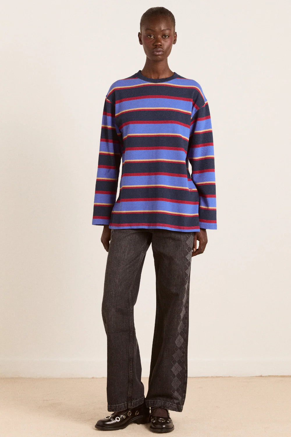 Damson Madder - Ali Long Sleeve Tee, Navy Tan Burgundy Stripe
