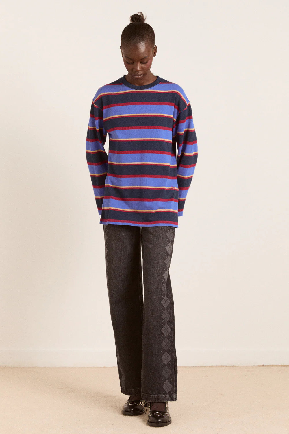 Damson Madder - Ali Long Sleeve Tee, Navy Tan Burgundy Stripe