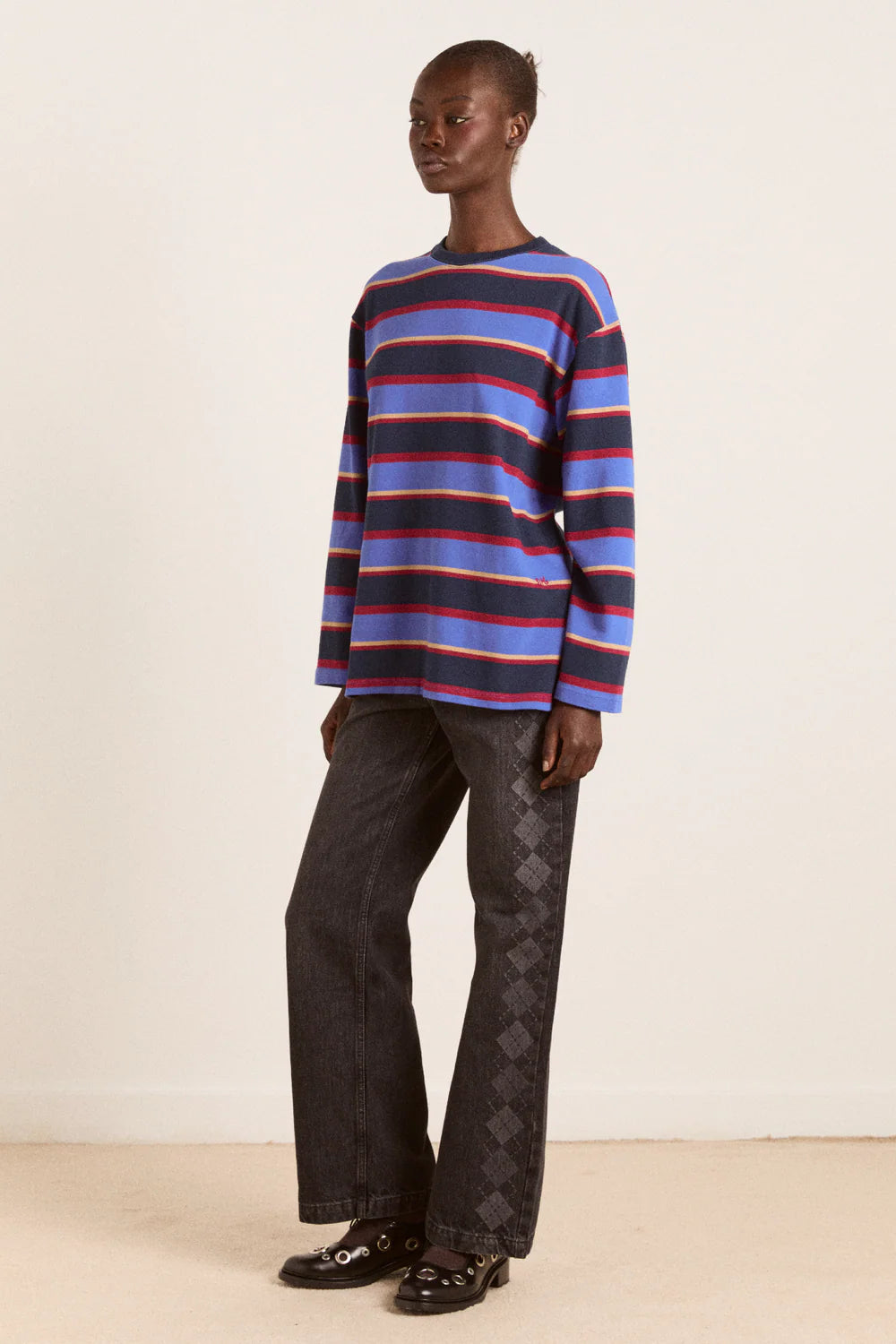 Damson Madder - Ali Long Sleeve Tee, Navy Tan Burgundy Stripe