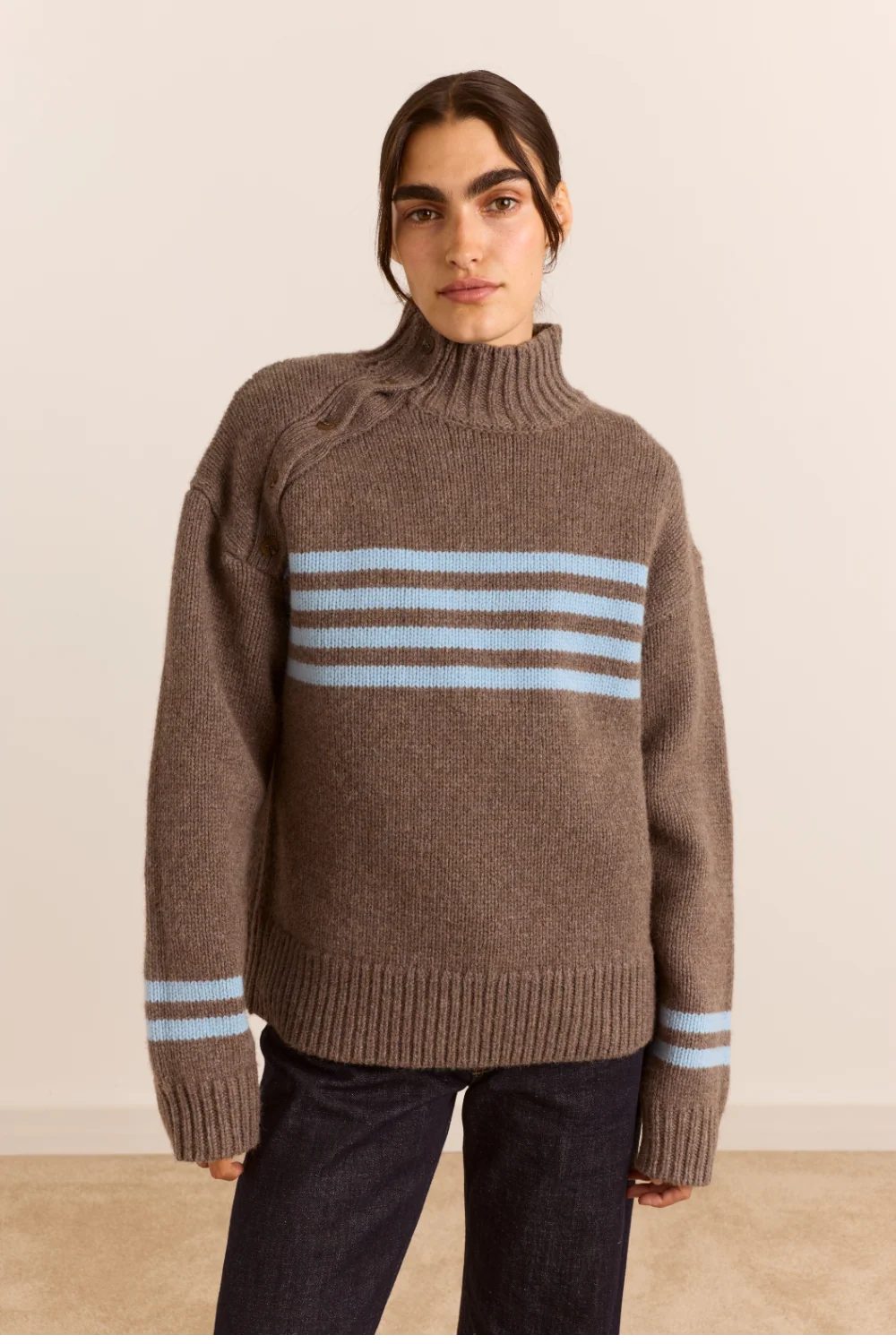 Damson Madder - Tallulah High Neck Lambswool Jumper, Brown/Blue