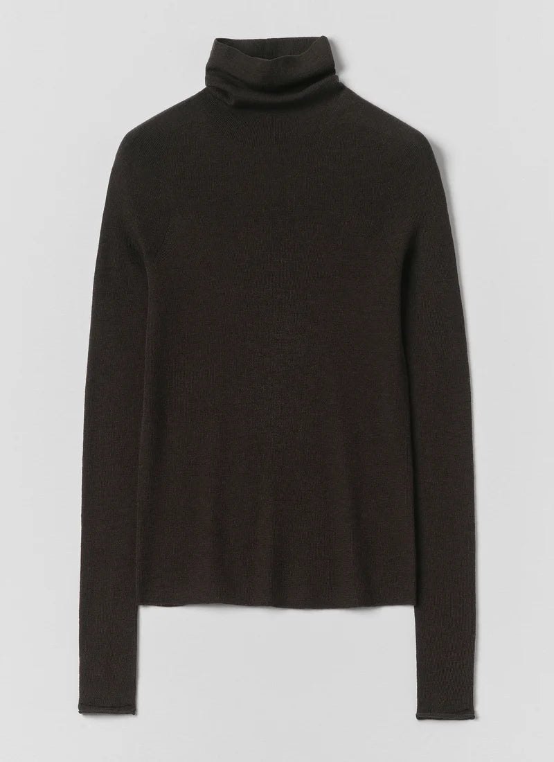 TOAST - High Neck Wool Cashmere Fine Ribbed Sweater, Brown Umber