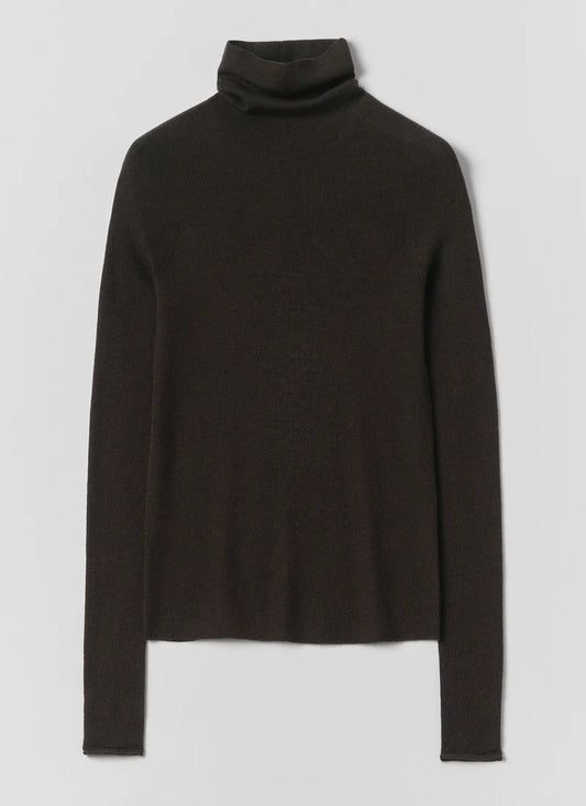 TOAST - High Neck Wool Cashmere Fine Ribbed Sweater, Brown Umber