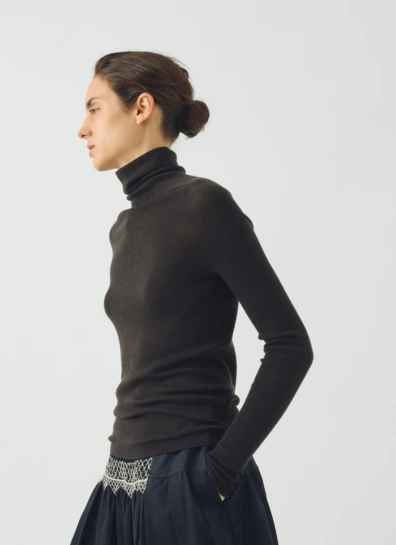 TOAST - High Neck Wool Cashmere Fine Ribbed Sweater, Brown Umber