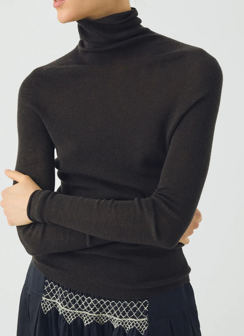 TOAST - High Neck Wool Cashmere Fine Ribbed Sweater, Brown Umber