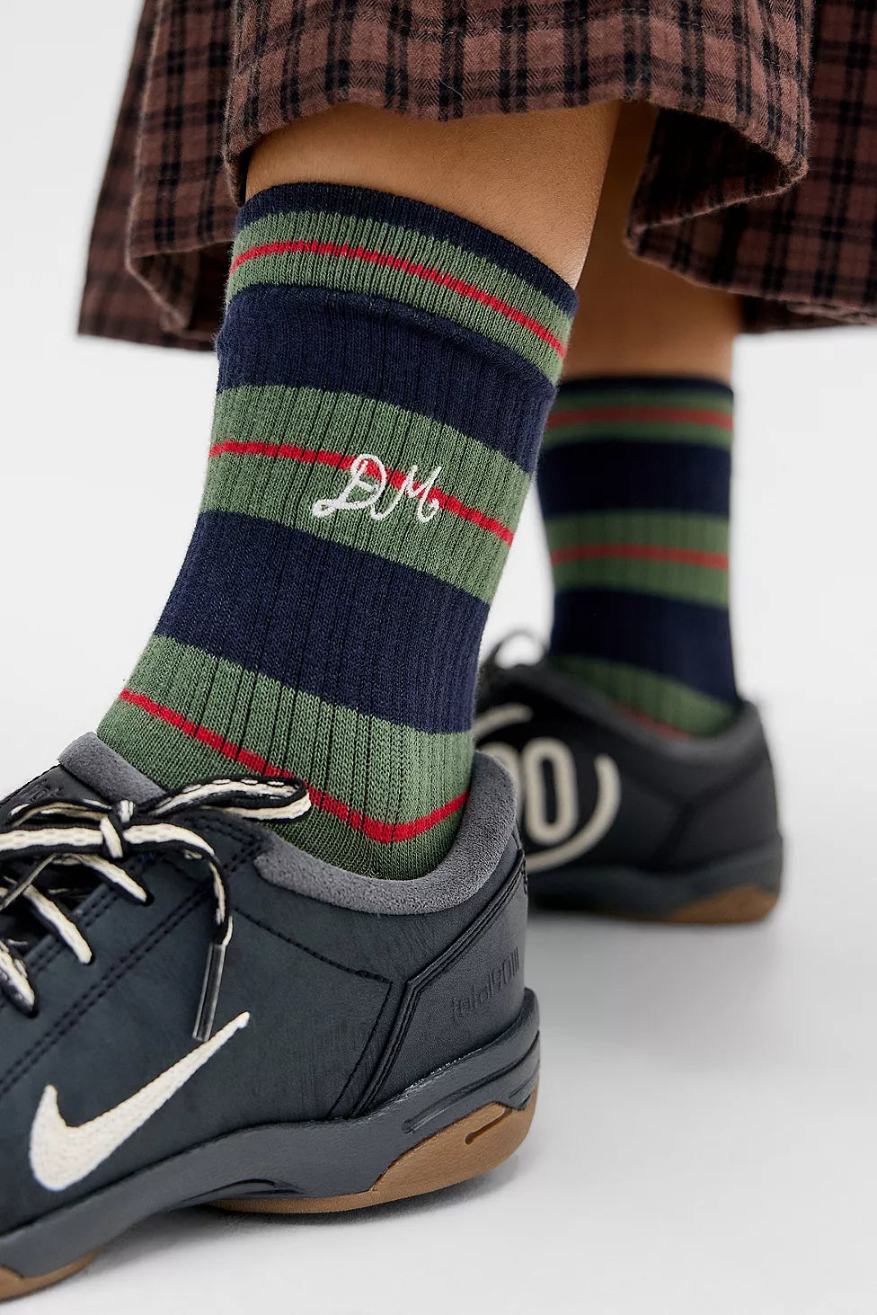 Damson Madder - Sporty Calf Length Socks, Olive/Multi Stripe