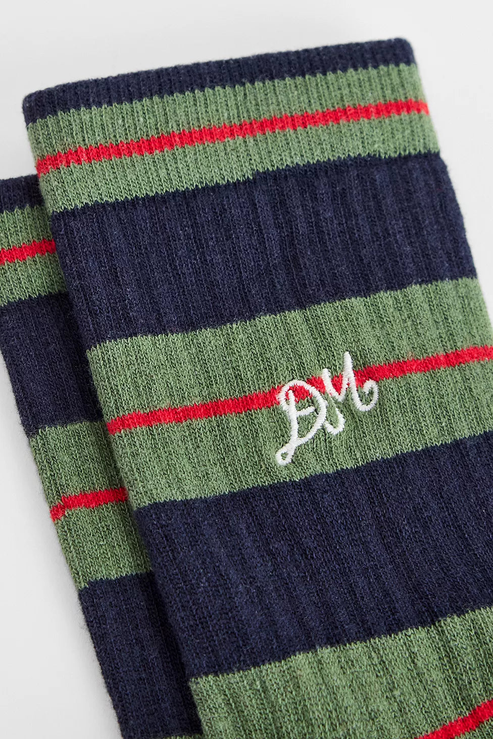 Damson Madder - Sporty Calf Length Socks, Olive/Multi Stripe