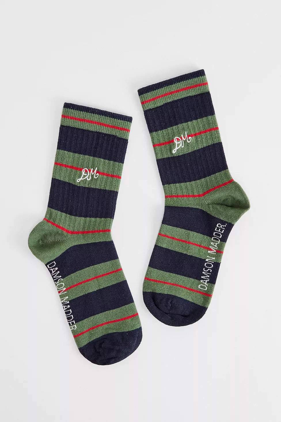 Damson Madder - Sporty Calf Length Socks, Olive/Multi Stripe