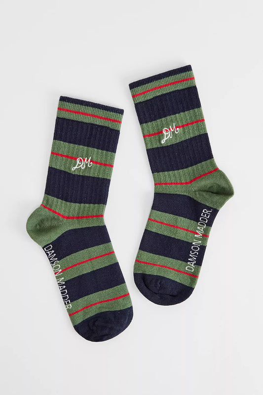 Damson Madder - Sporty Calf Length Socks, Olive/Multi Stripe