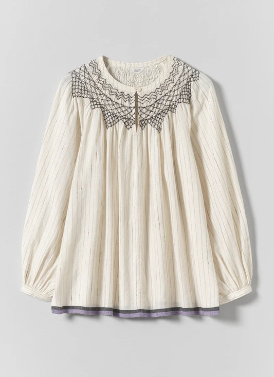 TOAST - Smoked Neck Cotton Silk Mulmul Top, Ecru Multi