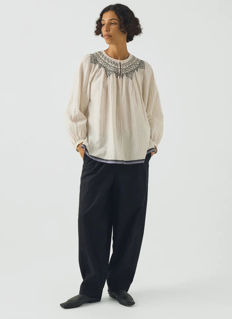TOAST - Smoked Neck Cotton Silk Mulmul Top, Ecru Multi