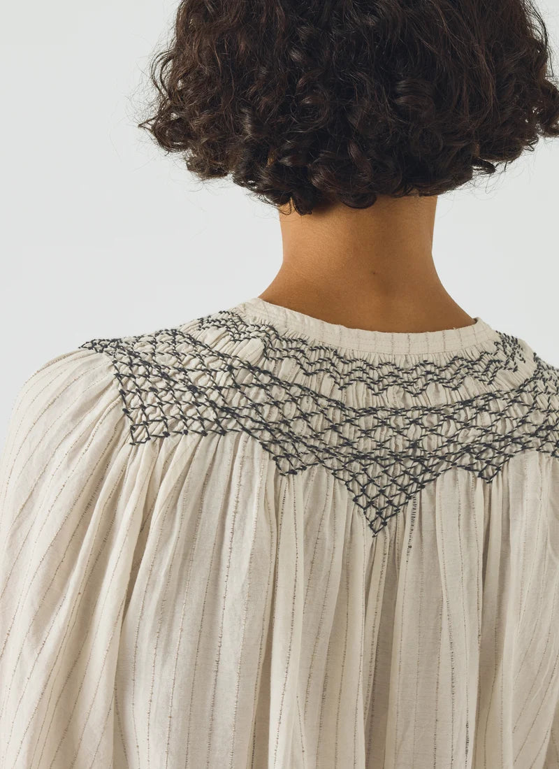 TOAST - Smoked Neck Cotton Silk Mulmul Top, Ecru Multi
