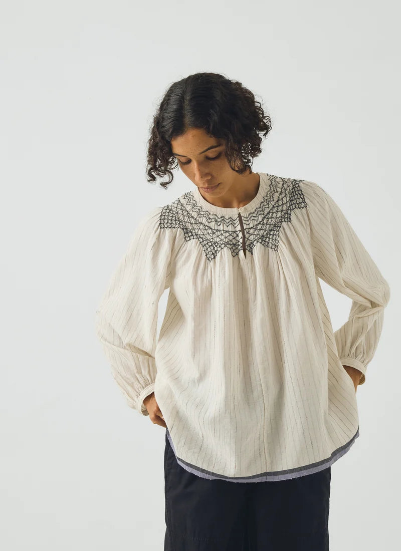 TOAST - Smoked Neck Cotton Silk Mulmul Top, Ecru Multi