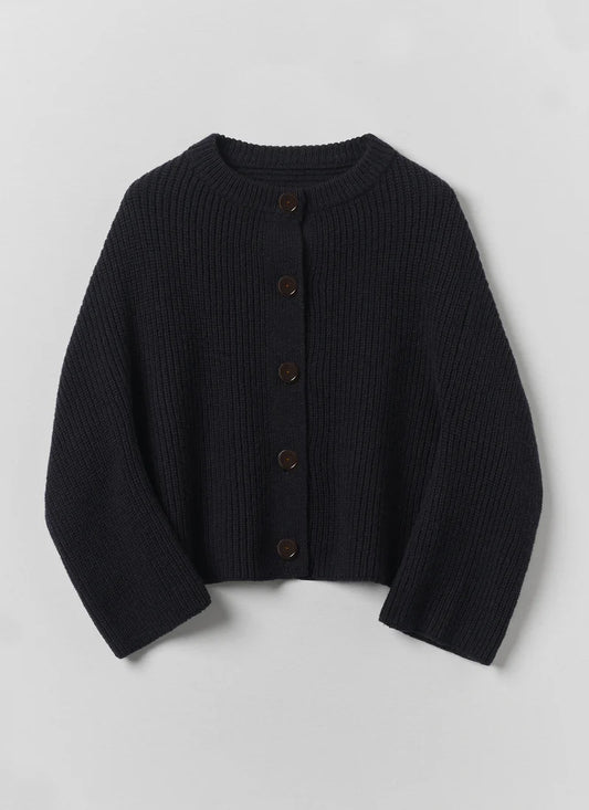 TOAST - Ribbed Wool Rounded Cardigan, Dark Navy